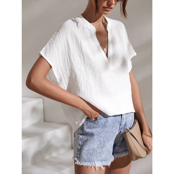 boho Notched Batwing Sleeve Blouse short sleeve hot pink - Picture 11 of 11